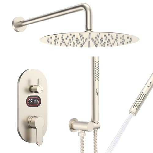 Round Shower Faucet Set with Hydro Power Temperature Display, Shower System Bathroom 10 In Shower Head with Handheld Spray, Wall Mounted Shower Fixtures with Shower Valve and Trim Kit-Brushed Nickel