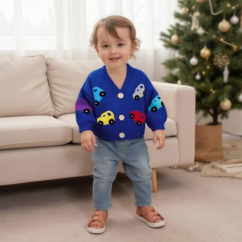 Baby Boy Girl Knit Cardigan Colorful Car Embroidery Long Lantern Sleeve V Neck Button Down Sweater Infant Fall Winter Clothes3