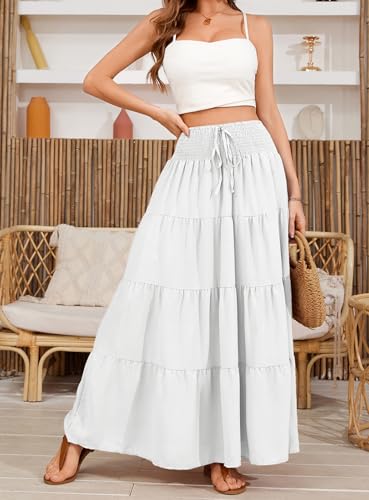 MJBGSHOW Womens Ruffle Maxi Skirts:High-Waist Elastic Pleated Long Skirt-Summer Casual Boho Flowy Skirts with Drawstring White M — view 3
