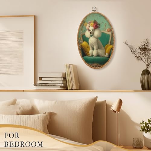 XUNLURY Vintage French Country Poodle Oval Wall Art, Elegant Floral White Poodle Dog Oval Framed Canvas Wall Art for Home Bedroom Living Room Decor, 8.5x11.5 Inch — view 6