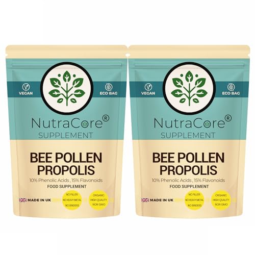 Image of Bee Pollen Propolis 600mg Capsules – 10% Phenolic Acids & 15% Flavonoids – Natural Bee Superfood Supplement – Energy & Immune Support – Vegan Capsules – Non GMO – Made in UK – NutraCore (180)