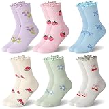 scenicamp 6 Pairs Girls Ruffle Socks Kids Soft Cute Colorful Crew Socks Purple Beige Green Gray Blue Pink 9-12