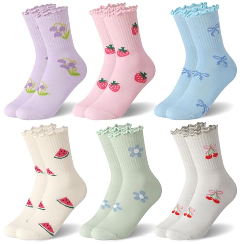 scenicamp 6 Pairs Girls Ruffle Socks Kids Soft Cute Colorful Crew Socks Purple Beige Green Gray Blue Pink 9-12