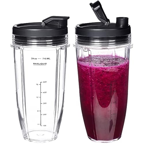 Replacement 24oz Blender Cup For Ninja BN401 BN751 BN801 BN800 BL450 BL456 BL480 Foodi SS401 SS101 TWISTi SS151 SS351 Cups Nutri Ninja Auto IQ Parts Lids Upgraded (2 Pack)