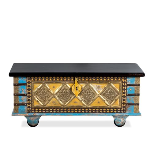 Image of Funi Wooden Trunk Box for Storage | Solid Wood Coffee Table for Living Room | Handcrafted Center Tea Table with Sandook Storage for Living Room | Pitara for Home and Bedroom (Blue Distress)