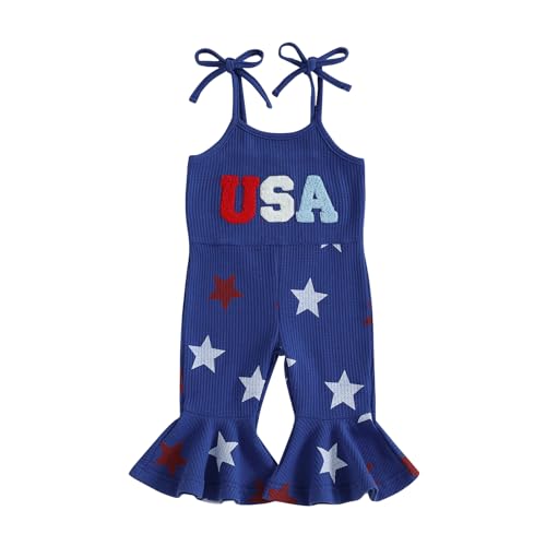 Rarjuiey 4th Fourth Of July Toddler Girl Outfit USA Romper Spaghetti Strap Bell Bottoms Jumpsuit Red White And Blue Outfits (USA Star Blue 3-4T)