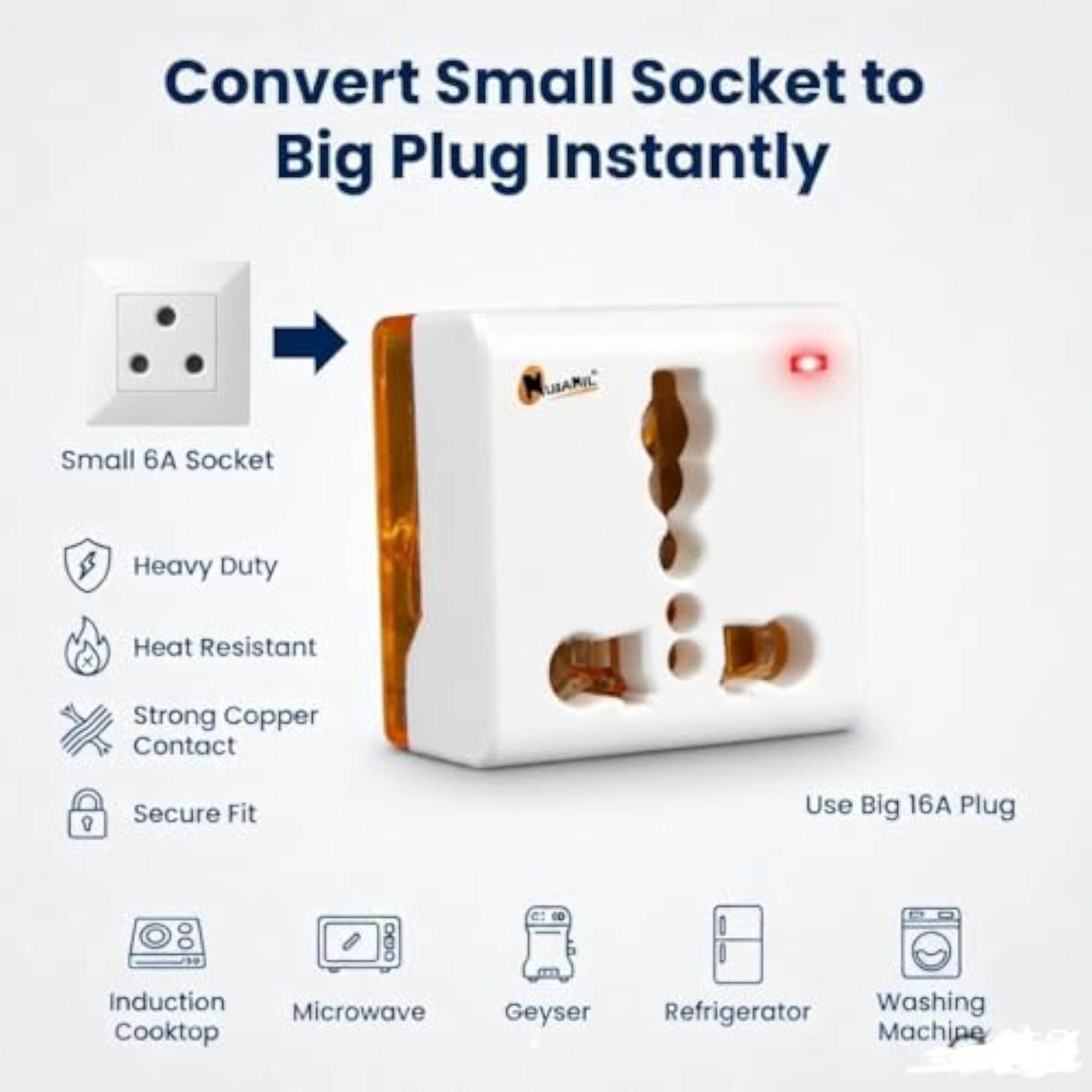 6A to 16A Converter Adapter Plug Induction Cooktop 5A 15A Socket with Indicator Converts Small for AC, Geyser, Microwave & Appliances