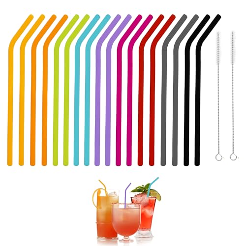 18Pcs Reusable Straws and 2pcs Cleaning Brush, Soft Bendable Silicone Straws, Colorful Reusable Drinking Straws, Suitable for Milk Tea, Hot Cocoa, Tea, Cocktails and Smoothies (Colorful)