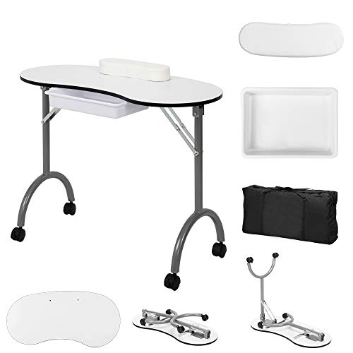 AlightUp Table de Manucure Pliante Professionnelle avec Tiroir et Roulettes Table Onglerie/Bureau Manucure/Bureau Onglerie/Sac Ne Pèse Que 9 KG Blanc