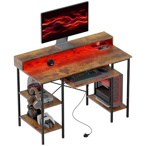 HOMCOM Computer Desk with LED Lights and Power Outlets, 120 x 55 cm Gaming Desk with Monitor Stand, Sliding Keyboard Tray and Storage Shelves for Home Office, Rustic Brown