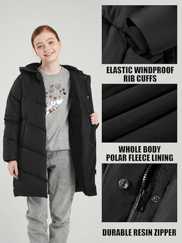 SOLOCOTE Mädchen Wintermantel wasserabweisend mit Kunstfell-Futter schwerer Kapuzen-Pufferjacke für Kinder Schwarz 152