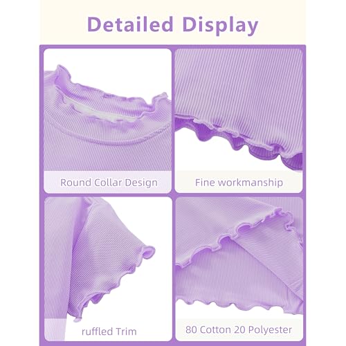 Image of Girls Summer Lettuce Trim Ribbed Knit Short Sleeve T-Shirts Solid Color Casual Blouse Tops