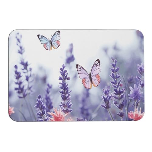 KTNML Shower Rugs for Bathroom Lavender and Butterflies Printed Thin Bathroom Rugs Fit Under Door Washable Bathroom Floor Mats Shower Rug for in Front of Bathtub Shower Room Sink