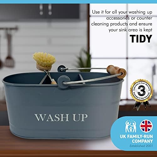 Stonewashed Blue Colour Kitchen Sink Enamel Washing up Sink Tidy with Wooden Handled Brush | Sink Caddy | Kitchen Sink Organiser | Sink Accessories | Washing up Utensil Holder