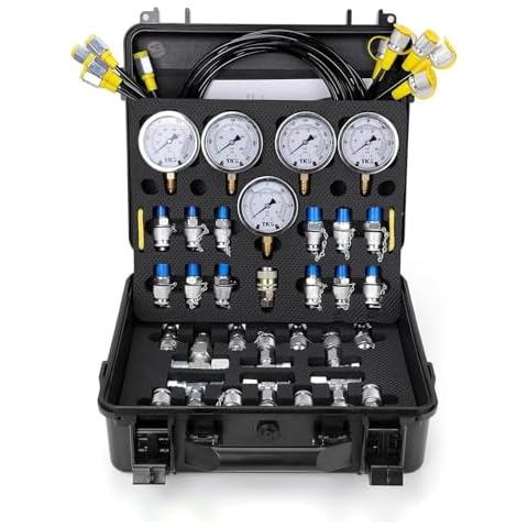 Hydraulic Pressure Test Kit, 5 Gauges (10/100/250/400/600bar) Max 10000psi / 60mpa 13 Test Couplings 14 Tee Connectors 5 Test Hoses w/Sturdy Portable Carrying Case for Excavator Construction Machinery Cover