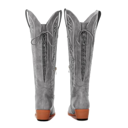 Image of Uillnoodu Wide Calf Cowboy Boots Women Adjustable Lace Up Knee High Tall Plus Size Cowgirl Boots Western Style Comfortable 2-Inch Heel