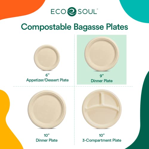 Eco Soul 100% Compostable 9 Inch Paper Plates [100-Pack] Disposable Party Plates I Heavy Duty Eco-Friendly Dinner Plates Disposable I Biodegradable Unbleached Sugarcane Eco Plates #TOP5