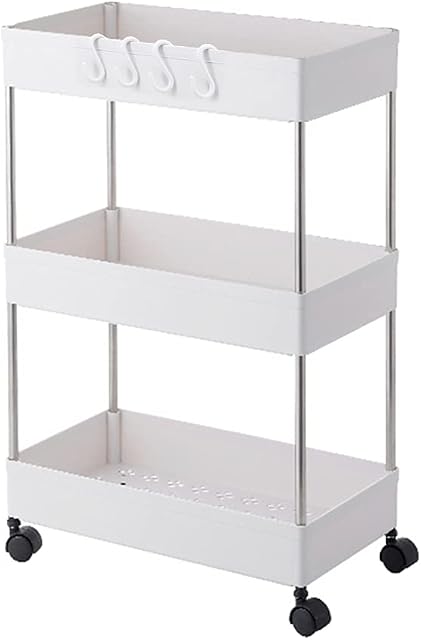 Beowanzk 3 Tier Trolley,Kitchen Bathroom Storage Trolley on Wheels, Rolling Utility Cart Storage Shelf Rack Multi-purpose Shelving Organizer for Office, Bedroom,Laundry Room, White