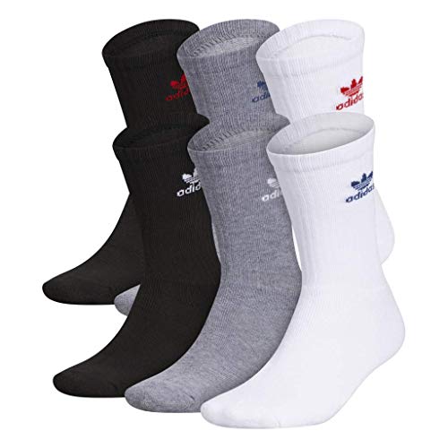 adidas Originals Men's Trefoil Crew Socks (6-Pair), White/Heather Grey/Black/Lush Red/Night Marine Blu, Large, (Shoe Size 6-12)