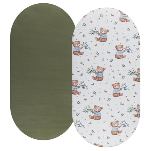 Image of Bassinet Sheet Set 2 Pack Snug Fitted Cradle Fitted Sheets, Stretchy Ultra Soft, for Oval Rectangle Hourglass Bassinet Mattress, Unisex Boy Girl, Light Green & Bear Leaf