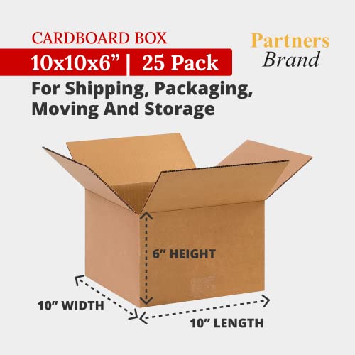 PARTNERS BRAND 10 x 10 x 6 Corrugated Cardboard Boxes, Small 10"L x 10"W x 6"H, Pack of 25 | Shipping, Packaging, Moving, Storage Box for Home or Business, Strong Wholesale Bulk Boxes