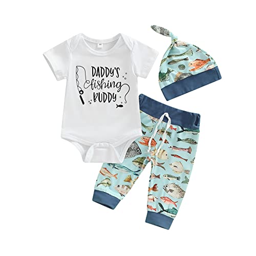 Emmababy Unisex Baby Long Sleeve Romper Bodysuit Dad's Fishing Buddy Print Sweatshirt Pants Trousers Hat Outfit Clothes (3-6M, Blue) #TOP7