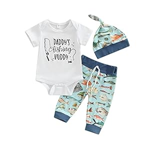 Newborn Baby Boy Fishing Outfit Daddy’s New Fishing Buddy Romper Fish Pants Set Hat 3Pcs Infant Boy Summer Clothes