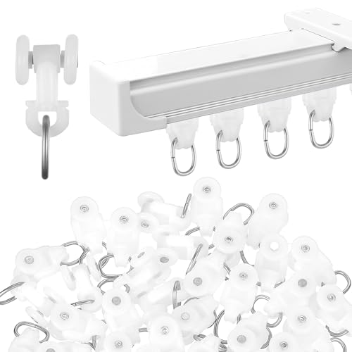 50Pcs Curtain Track Gliders Track Rail Runners with Dual Rollers Hooks Mute Wheel Rollers Ball Pulley Roller Hooks Curtain Glider for Ceiling Drapes, Shower Curtains, Room Dividers, Window Treatments