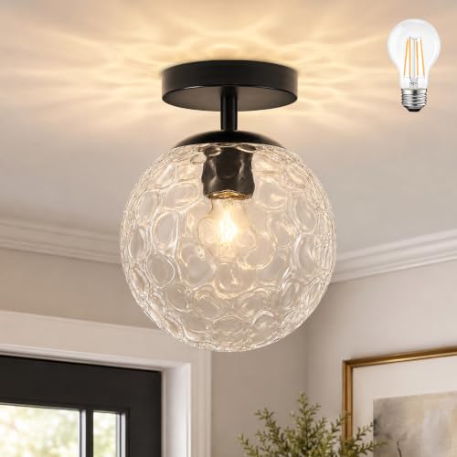 Bagood 8" Black Modern Glass Globe Ceiling Lights Mid Century Ceiling Light Fixtures with Hammered Glass Semi Flush Mount Ceiling Light for Kitchen Bathroom Hallway Bedroom Entryway Bulb Included