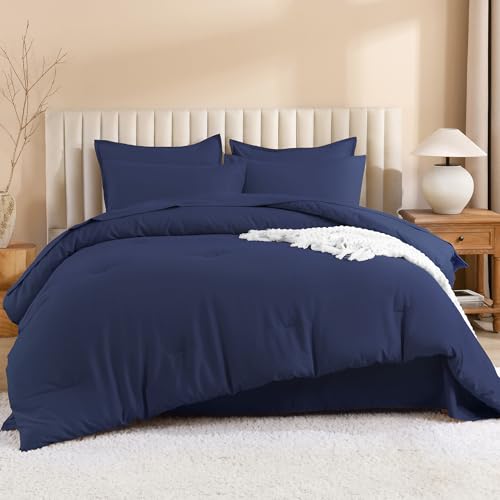 Image of Litanika Super King Plus Comforter Sets Navy Blue - 7 Pieces Bed in a Bag Beddding Sets, Solid Lightweight Bed Set with Comforter, Sheets, Pillowcases & Shams