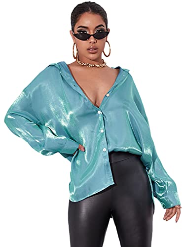 SOLY HUX Women's Satin Silk Long Sleeve Button Down Shirt Formal Work Blouse Top Mint Blue Metallic L