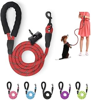 FurDreams 5ft Strong Dog Lead Rope with Soft Padded Handle and Highly Reflective Threads - Red | Rope Dog Leash for Large Dogs, Medium Dogs, and Small Dogs | Includes a Free Waste Bag Dispenser