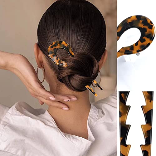Lapohi 5.3 Inch 3 Pcs Large U Shaped French Hair Pins, Acetate French Hair Sticks Forks For Vintage Hair Updos Buns Thick Hair(Leopard Printed&Tortoise Shell&Laser White) #TOP4