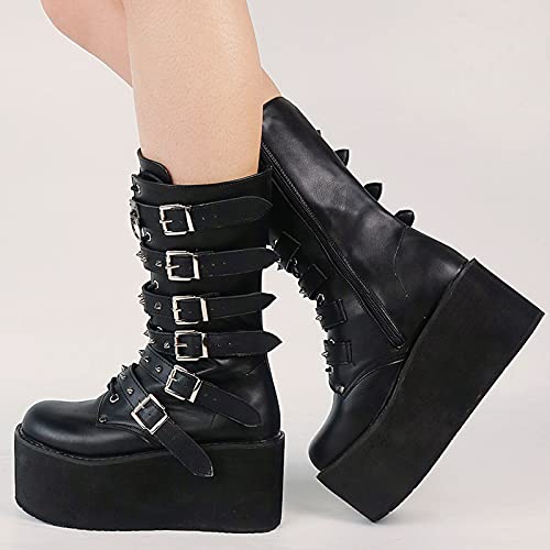 Erocalli Womens Platform Boot Goth Mid Calf Boots Punk Combat Motorbycle Gothic Wedges High Heel Round Toe Boots #TOP3