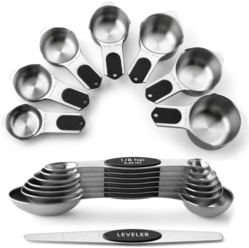 Spring Chef Magnetic Measuring Cups & Spoons Set, Patented, Strong N45 Magnets, Heavy Duty Stainless Steel Fits in Spice Jars for Baking & Cooking, BPA Free, Round Set of 15 with Leveler, Black - Thumbnail 2