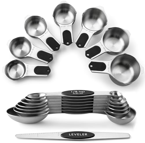 Comparison: Best Magnetic Measuring Spoons 3 Spring Chef Magnetic Measuring Cups & Spoons Set, Patented, Strong N45 Magnets, Heavy Duty Stainless Steel Fits in Spice Jars for Baking & Cooking, BPA Free, Round Set of 15 with Leveler, Black