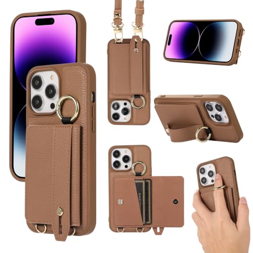 Étui portefeuille iPhone 13 Pro Max en cuir marron avec fentes cartes et dragonne bandoulière