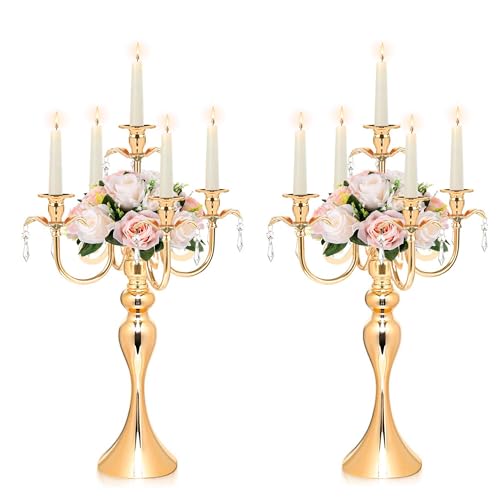 2PCS Gold 5-Arm Candelabra Centerpiece - 20.3 Tall Metal Candle Holder for Wedding Party & Home Decor - Vintage Table Centerpiece for Events Dining Room Church Decorations
