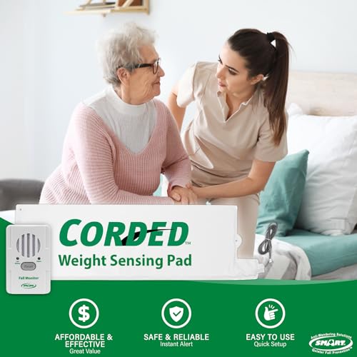 Smart Caregiver Bed Exit Alert for Elderly Fall Prevention - Bed Alarm & Corded Weight Sensing Pad Let You Know When Patients Gets Up - 1 Year Warranty
