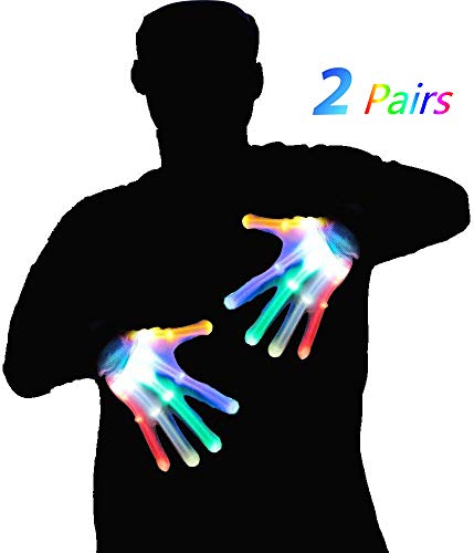 LED Gloves, K KERNOWO 2 Pairs LED Finger Lights Gloves, 5 Colors 6 Light Modes Colorful LED Rave Gloves for Halloween, Christmas Gift, Dance Costumes, Kids Games, Light-up Party.