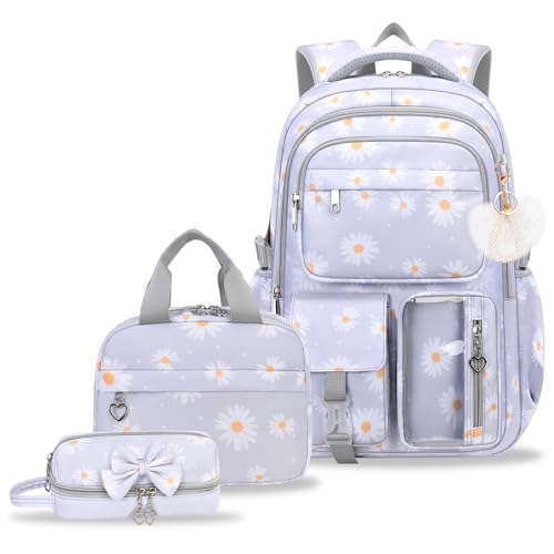 PIKBEAR Girls Backpack Set with Lunch Box & Pencil Case Floral Print Girls School Backpack for Elementary/Middle/High School (Grey-Daisy)