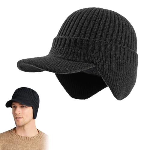 Schirmmütze Herren, Wintermütze, Winter Strickmützen Beanie mit Ohrenschützern, Strickmütze für Herren Dickes Warmes Futter, Winddichte Kälteschutz Mütze für Outdoor, Geschenk für Ehemann Vater Männer