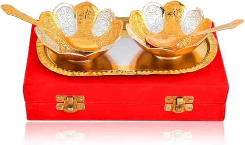 Image of White Metal Silver /Gold Plated Traditional Kamal Bowl Set - 5 Pieces, 30 Microliter