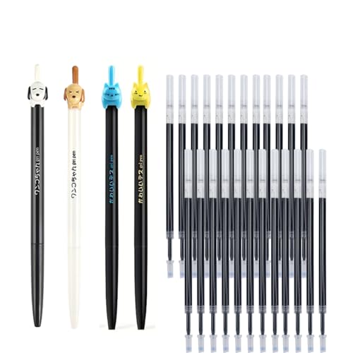 JOMPENS Juego de 4 bolígrafos de gel de 0,5 mm, tinta negra y 24 núcleos de bolígrafo, bolígrafo de escritura tipo presión, papelería de oficina, regalo escolar (4 bolígrafos + 24 cables de plomo)