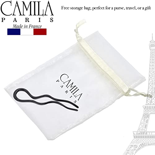Camila Paris CP3285-2 French Twist Stick Hair Fork, 2 Large 5 Inch Wavy U Shaped Hair Pin Clip for Spiral Updo and Bun, Black, Fashion Flexible Styling Hair Accessories for Women, Made in France
