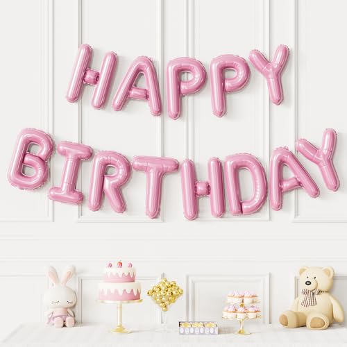 Haolongfa Pink Happy Birthday Balloon Banner, 16 In Foil Letter