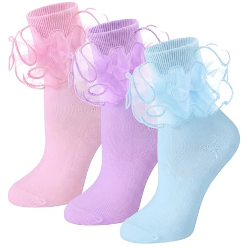 Image of Geyoga 3 Pairs Women Big Ruffle Socks Turn Cuff, Double Lace Ankle Cotton Frilly Socks for Ladies Summer