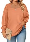 Eytino Womens Plus Size Fall Tops Square Neck Puff Long Sleeve Casual Loose Blouse T Shirts,3X Orange