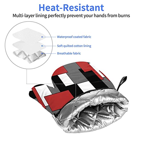 Microwave Oven Gloves,Abstract Red Black Check Pattern Oven Mitts Heat Resistant Durable Kitchen Gloves Perfect For Bbq, Cooking, Grilling, Baking Set Of 2,11Inch #TOP4