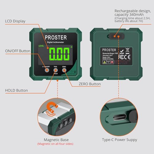 Miniatura 7 de Proster Inclinometro Digital Con Láser Verde Caja De Nivel Digital Con Magnético Fuerte De 4 Lados Buscador De Ángulos Recargable Con Retención De Datos Y 2 Modos De Medición Para Carpintería Diy